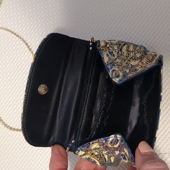 Vintage Blue/Gold Leather mini bag with Gold bead chain - Picture 3 of 5